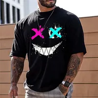 Men's Summer Short Sleeves Fashion Smiling Face Pattern Loose Comfortable Breathable High Quality Casual O-Neck Street Men