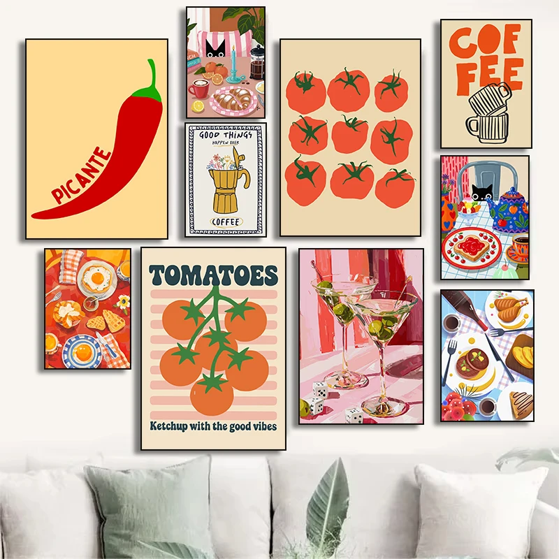 1pc frameless Canvas Painting Chili Pepper Tomato Breakfast Illustration Good Things Happen Over Coffee Art Poster Canvas Painti