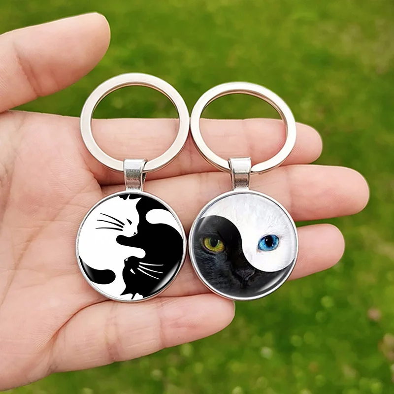 Yin Yang Keychains Cat Life Tree Butterfly Art Photo Glass Cabochon Tai Chi Pendant Keyring Fashion Jewelry