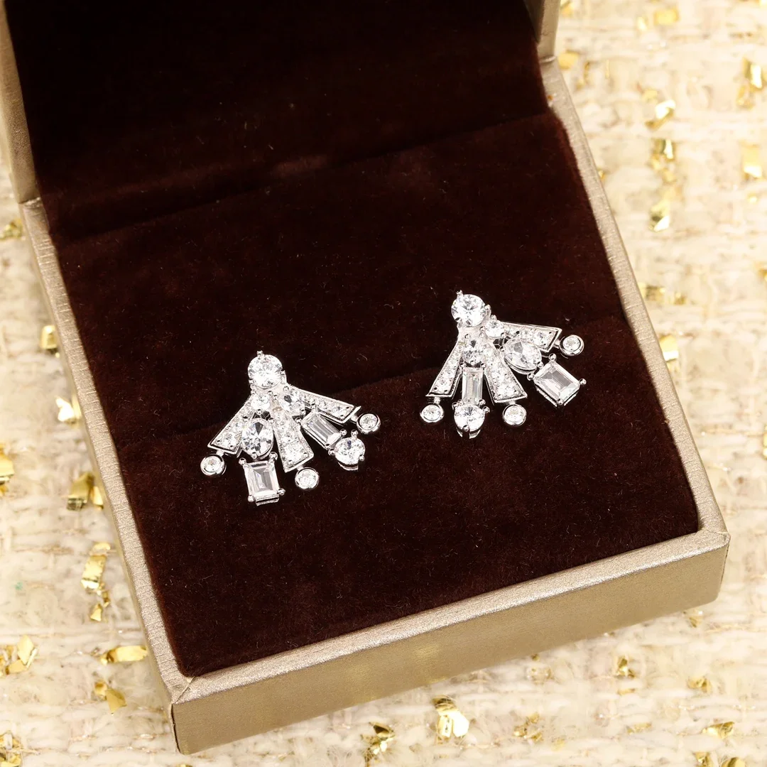 Fine 925 Silver Full Diamond Crystal Fan Shaped Earrings Woman Top Quality Jewelry Trend