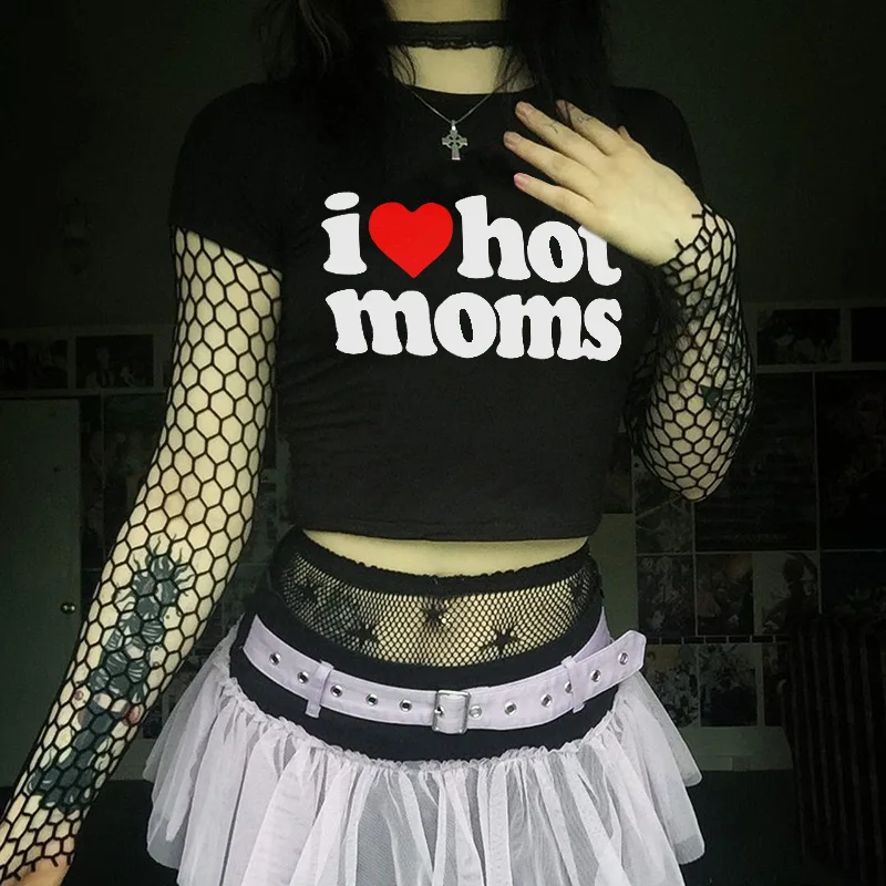 

I love hot mom Print T Shirt Summer Sexy Women Gothic Casual Cute Short Sleeve Crop Tops 2000s Slim Navel top Emo Girl Short Tee