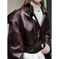 Wine Red Retro Women's PU Jacket Autumn and Winter Women's Street Temperament Lapel Tie Warm Slim Fit Office Casual Short Jacket