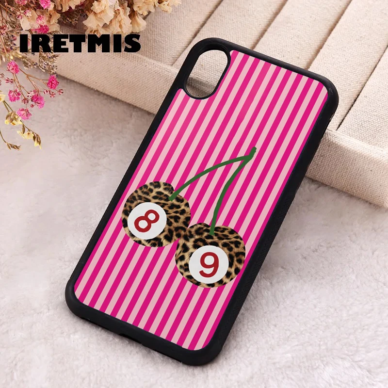 حافظة لهاتف آيفون X XS Max XR 11 12 13 PRO MINI 14 15 16 Plus من مطاط السيليكون ليوبارد الكرز 89 مخطط وردي #1