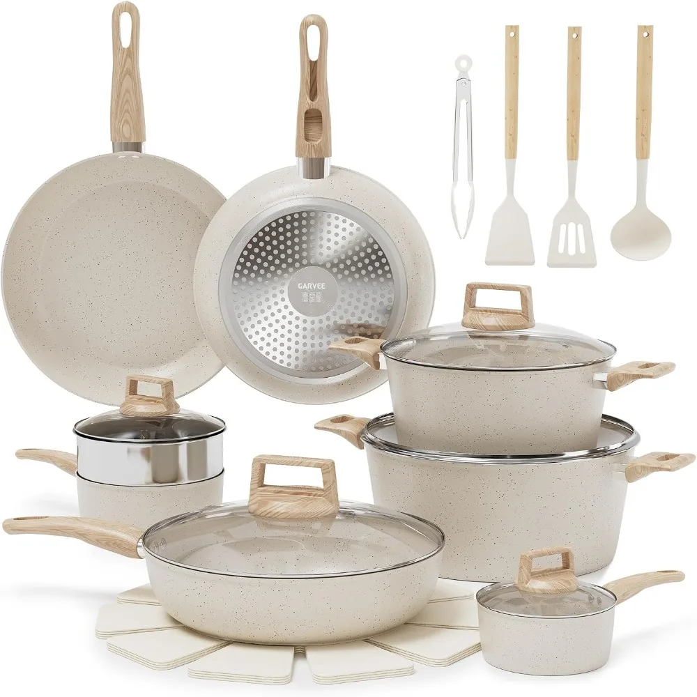 Set di Pentole Antiaderenti 21 Pezzi, Set di Pentole e Padelle in Ceramica per Cucina a Induzione, Set di Pentole in Ceramica