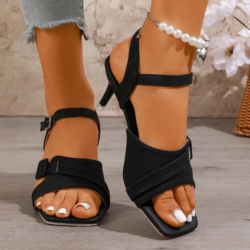 

French High Heels Women's Stiletto Niche Square-toe Sexy Ladies One-word Buckle Sandals