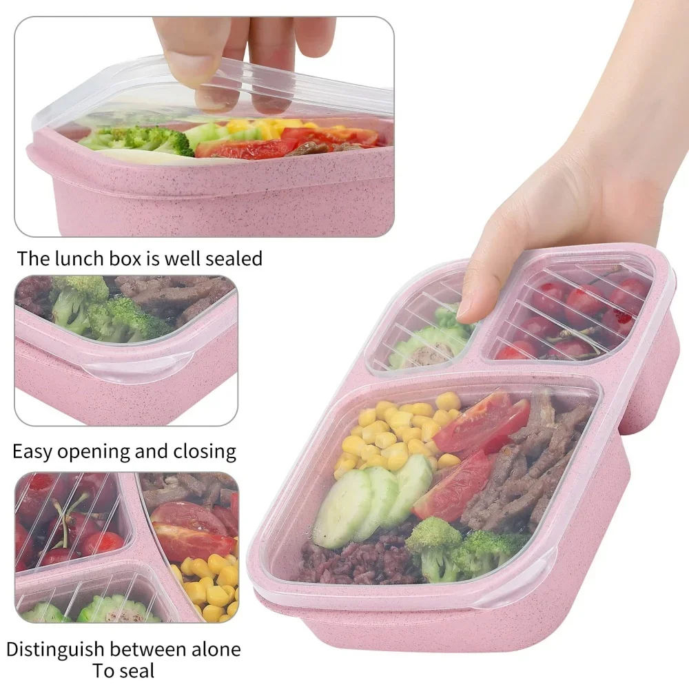 Bento Lunch Box Set 3 Compartment Food Storage Containers Wheat Straw Meal Prep Lunch Box Plastic Food Storage Container