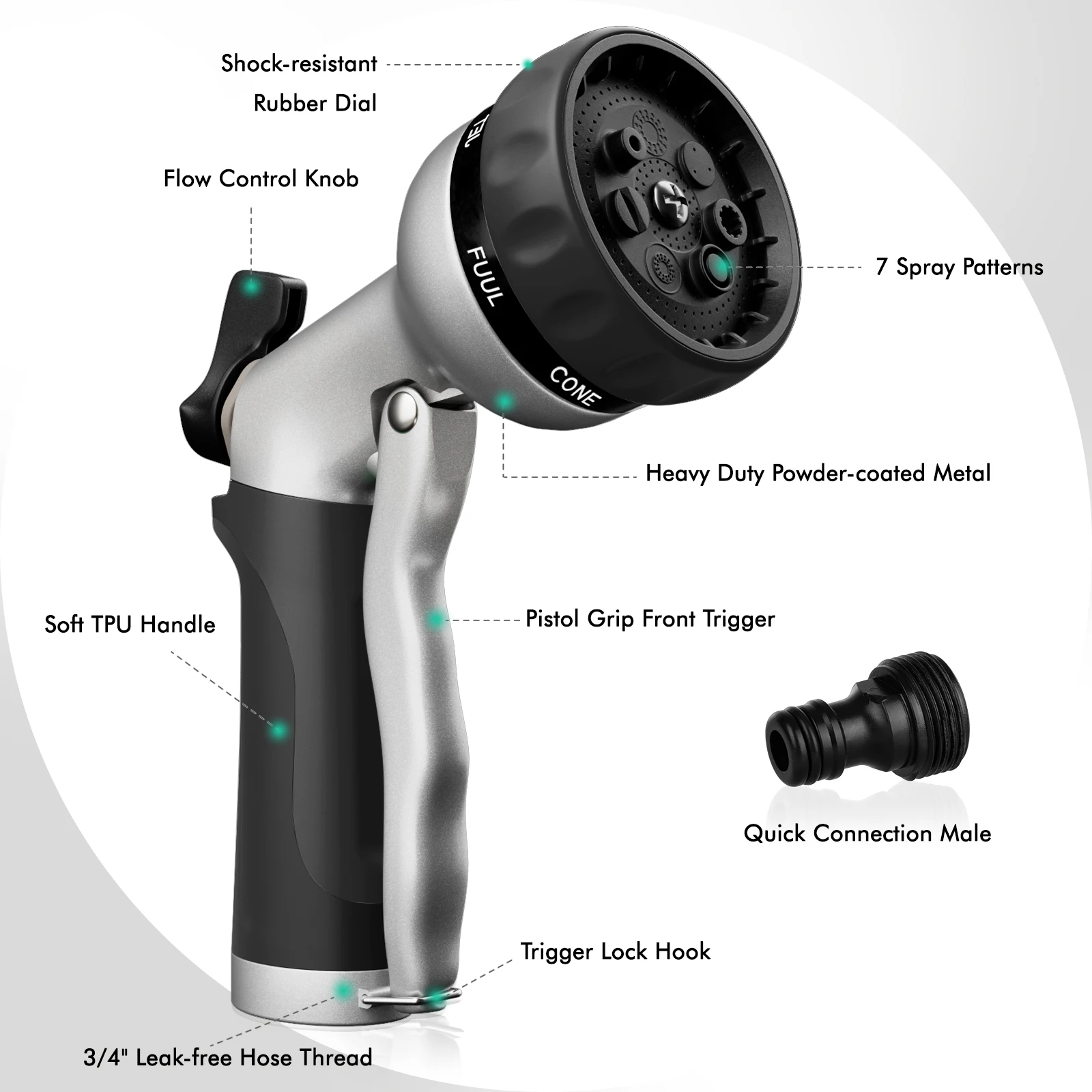 Metal Garden Hose Nozzle with 7 Spray Patterns, Lockable Trigger, Flow Control for Lawn Watering & Car Washing, Pet Bathing
