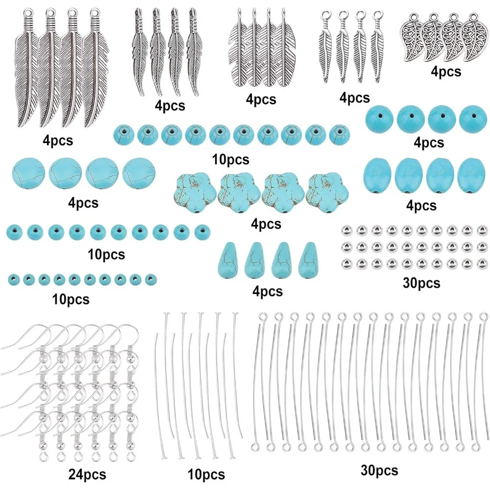 1 Box DIY 12 Pairs Turquoise Bead Dangle Earrings Making Kit Alloy Enamel Leaf Feather Pendants Charms with Eye Pin & Earring