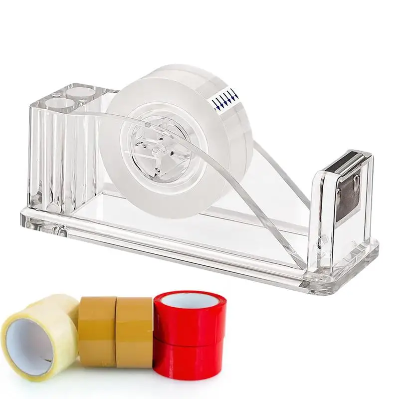 Label Tape Dispenser Acrylic Transparent Cutter Tape Dispenser Pen Holder Included Standard Tape Rolls Modern Cutter For School