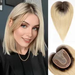 Blonde Ombre Remy Human Hair Toppers Dark Root Silk Base Clips In Hair Remy Human Hair Extensions for Women 14 Inches Hair Piece