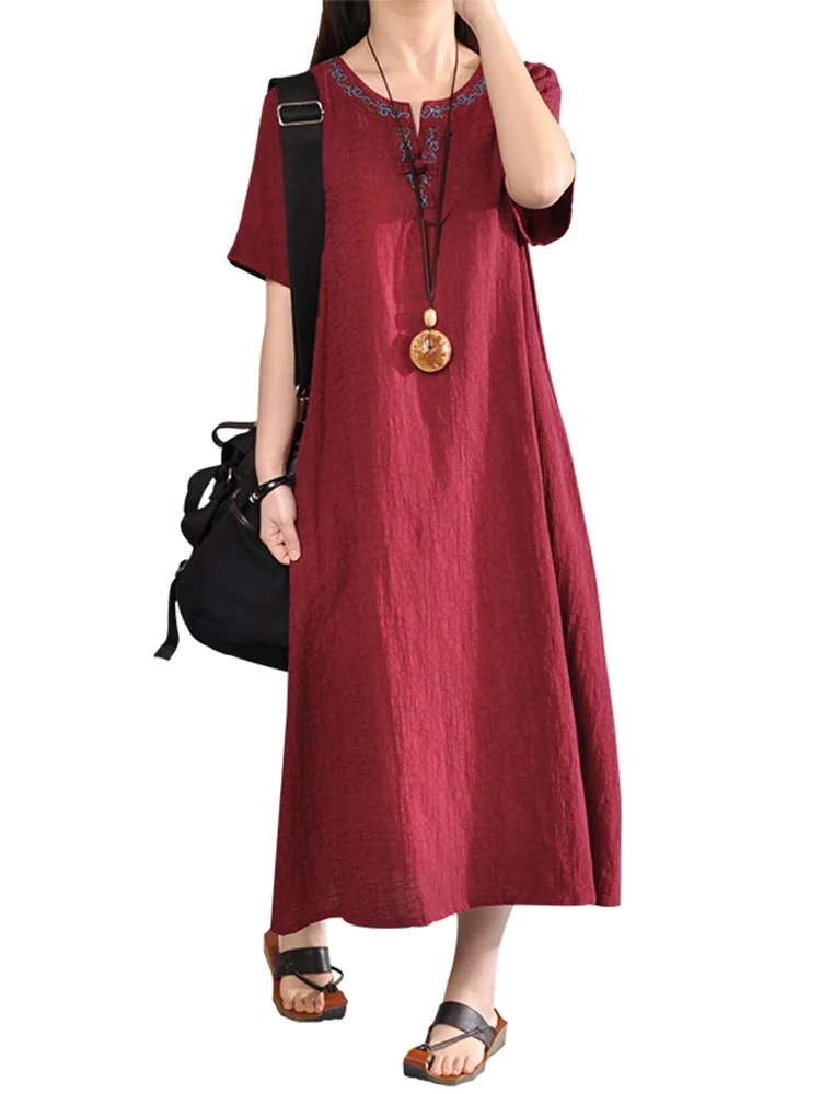 Japonês Sle Algodão Linho Bordado Emagrecer Solto V-Ne ort Sve Seda Longo Robe Dr Étnico Vento Verão D...