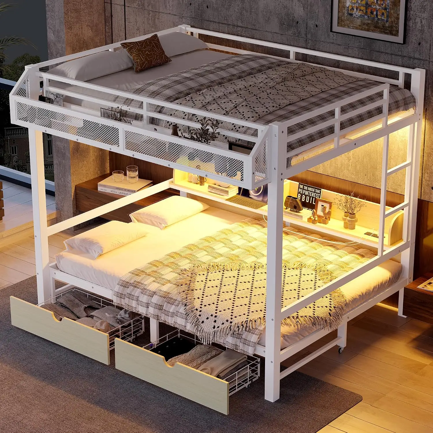 Queen Over Queen Bunk Bed with Storage & Drawers, Metal Frame with Lights & USB, Convertible Lower,  Customized