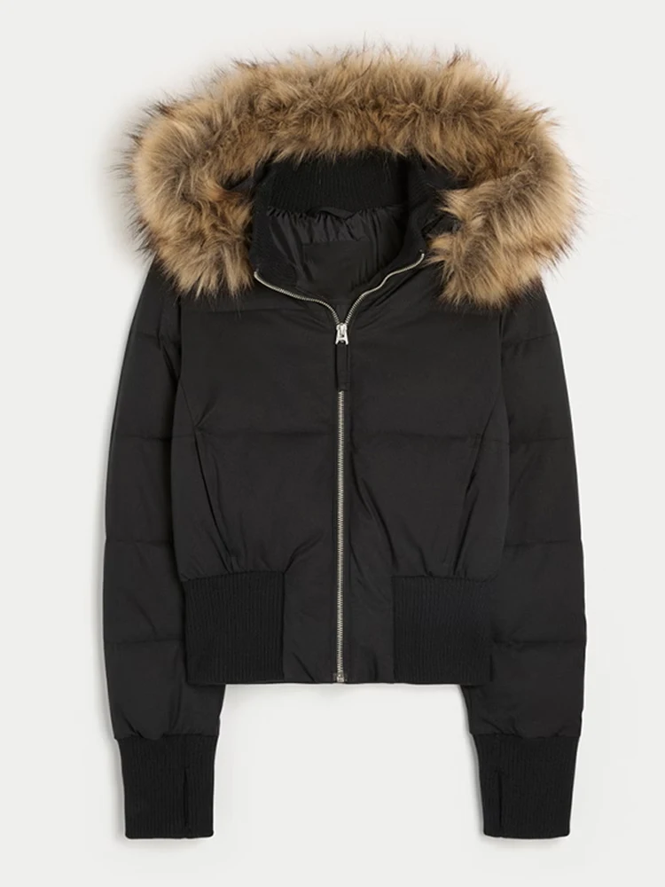 2026 Winter New Chic Full Sleeve Zipper Pocket Cropped Jacket Fashion Women's Faux Fur Hooded Quilted Coat Lady Padded Outerwear