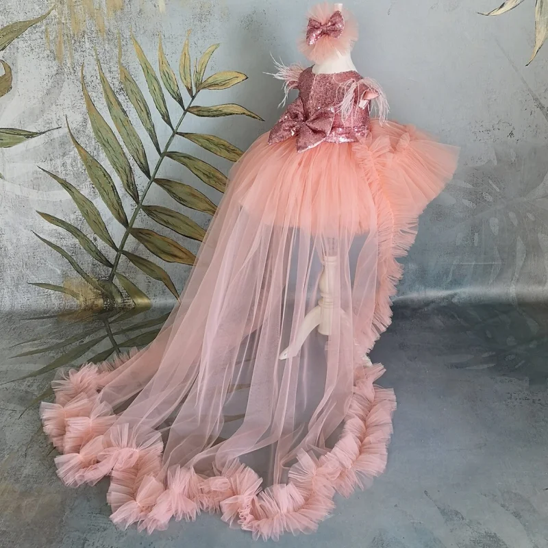 Vestidos de niña de flores naranjas, lentejuelas de tul con lazo y manga de plumas de cola para boda, fiesta de cumpleaños, vestido de primera comunión