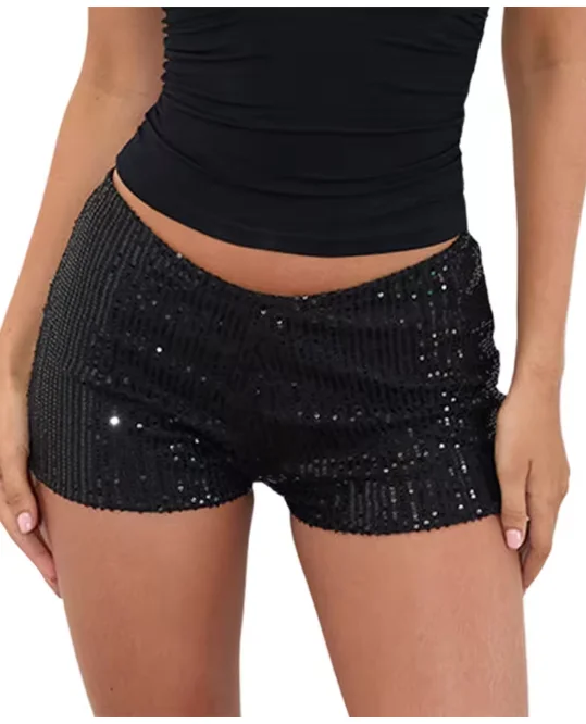 Pantalones cortos de cintura alta con lentejuelas de Color sólido para mujer, pantalones cortos de fiesta con purpurina brillante, traje elegante para discotecas, fiestas y ocasiones especiales