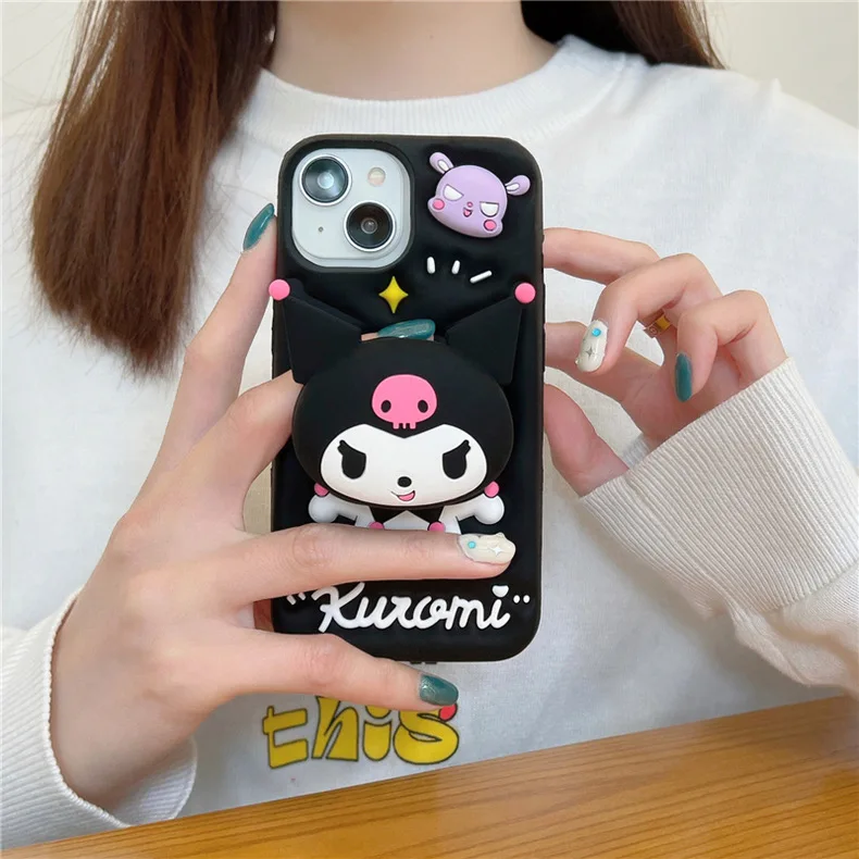 Cartoon Kuromi with Telescopic Stand Stereoscopic Phone Case for IPhone 15 14 13 12 11 Pro Max Soft Silicone Back Cover Gift