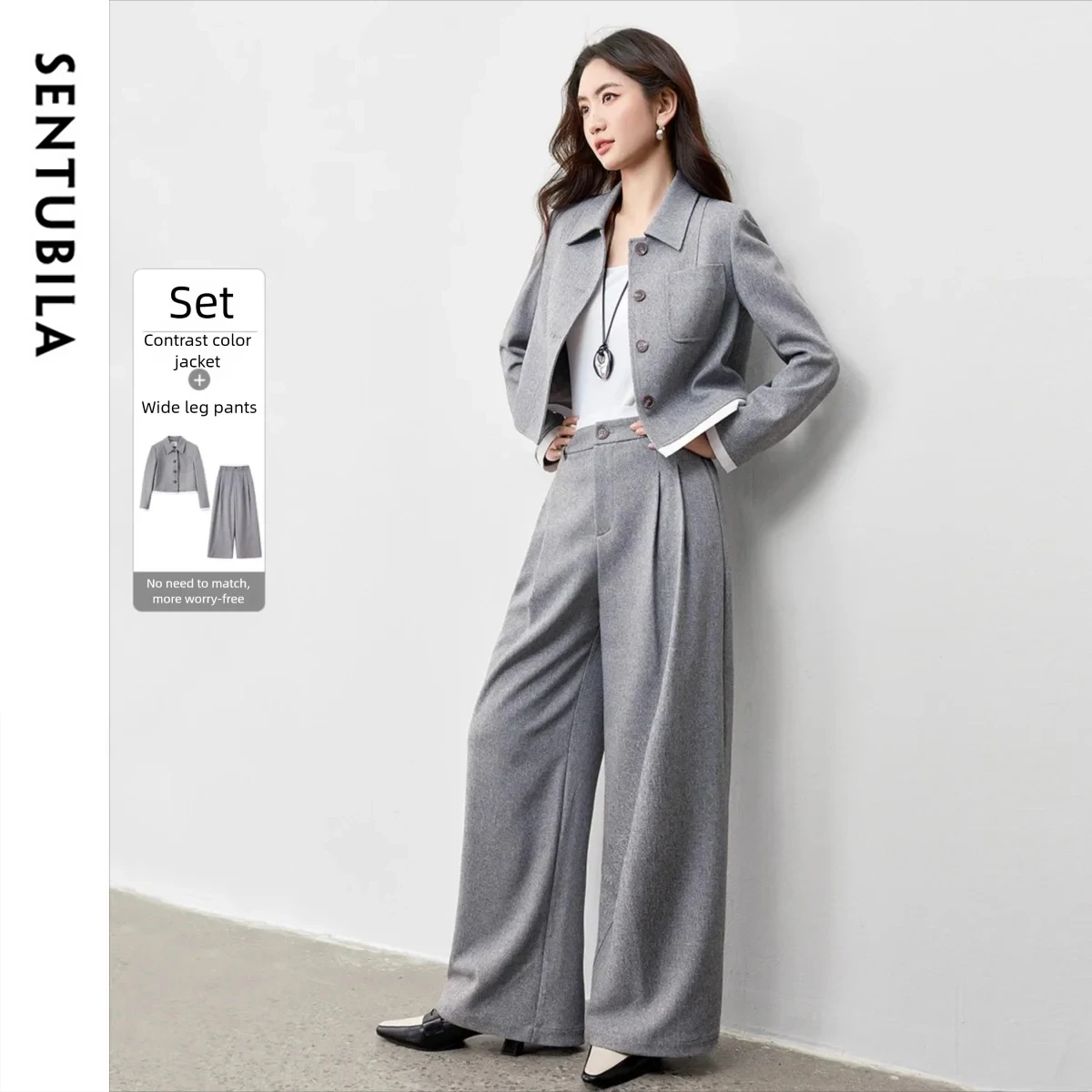 SENTUBILA Pant Suits for Woman Turn-Down Collar Blazer Wide Leg Pants Women's 2026 Autumn Casual Solid Two-piece Set 153ZA2942