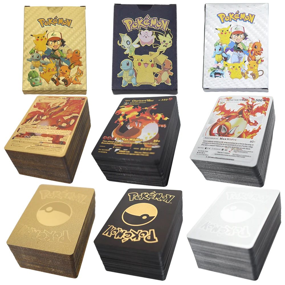 Pokemon Colorful Cards Gold Sliver Spanish Vmax GX Rainbow Black Letters Charizard Pikachu Collection Battle Trainer Cartes Gift