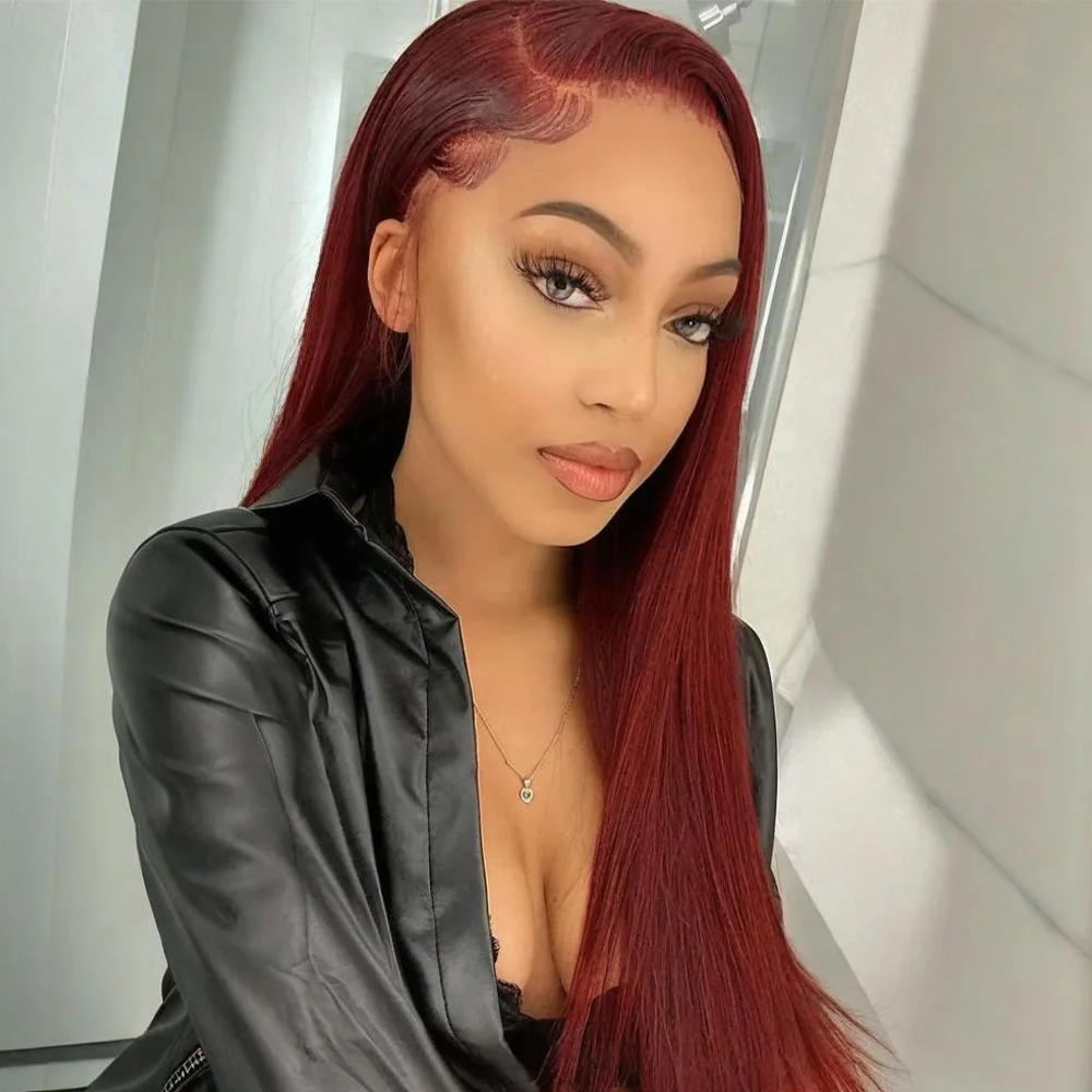 

13x6 99J Burgundy HD Lace Front Wig Human Hair Red Colored Straight 13x4 Lace Frontal Brazilian Wigs PrePlucked 200 Density For Women