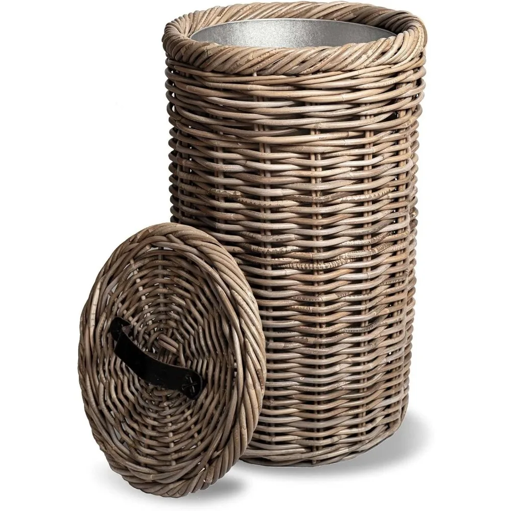 large grey wicker waste bin with metal lining, 15.5