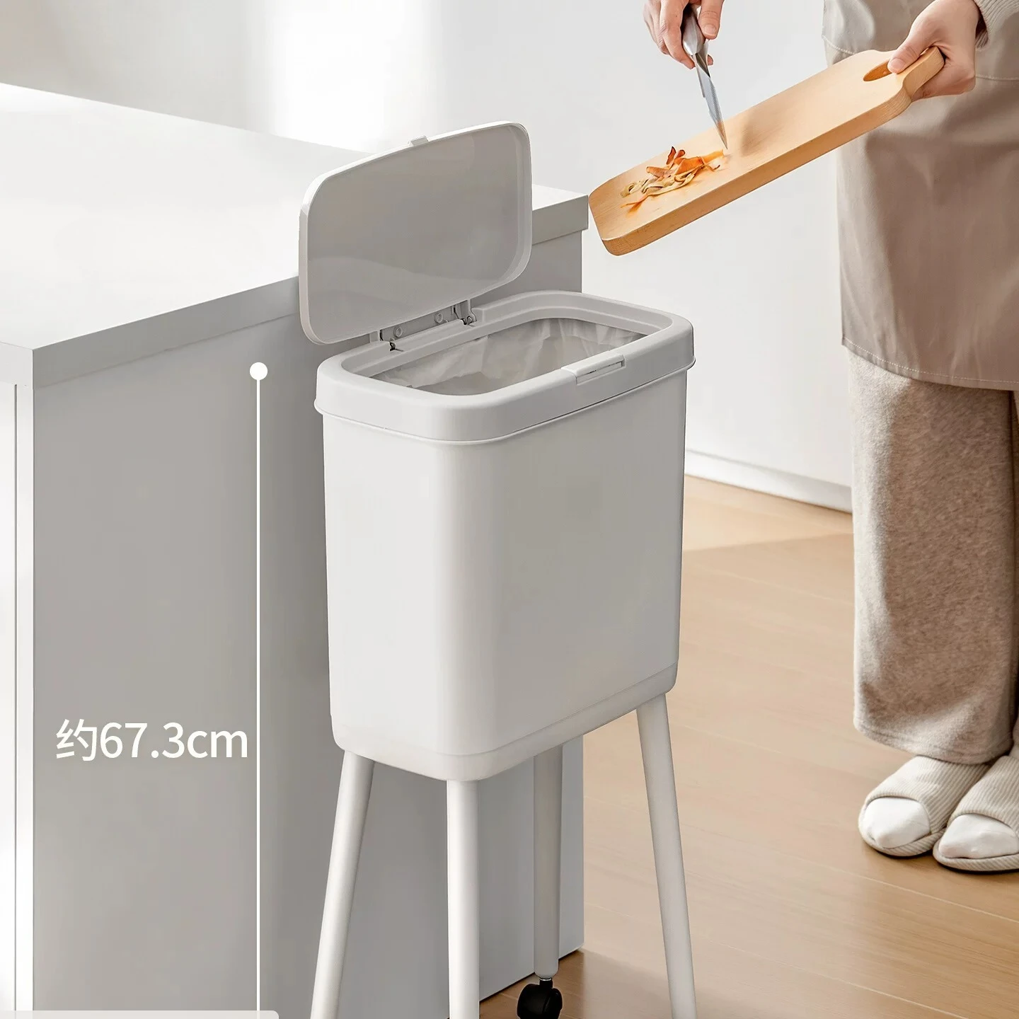 Lazy Corner Tall Lidded Kitchen Trash Can, movable large capacity bin, stylish no-bending waste container for daily kitchen use
