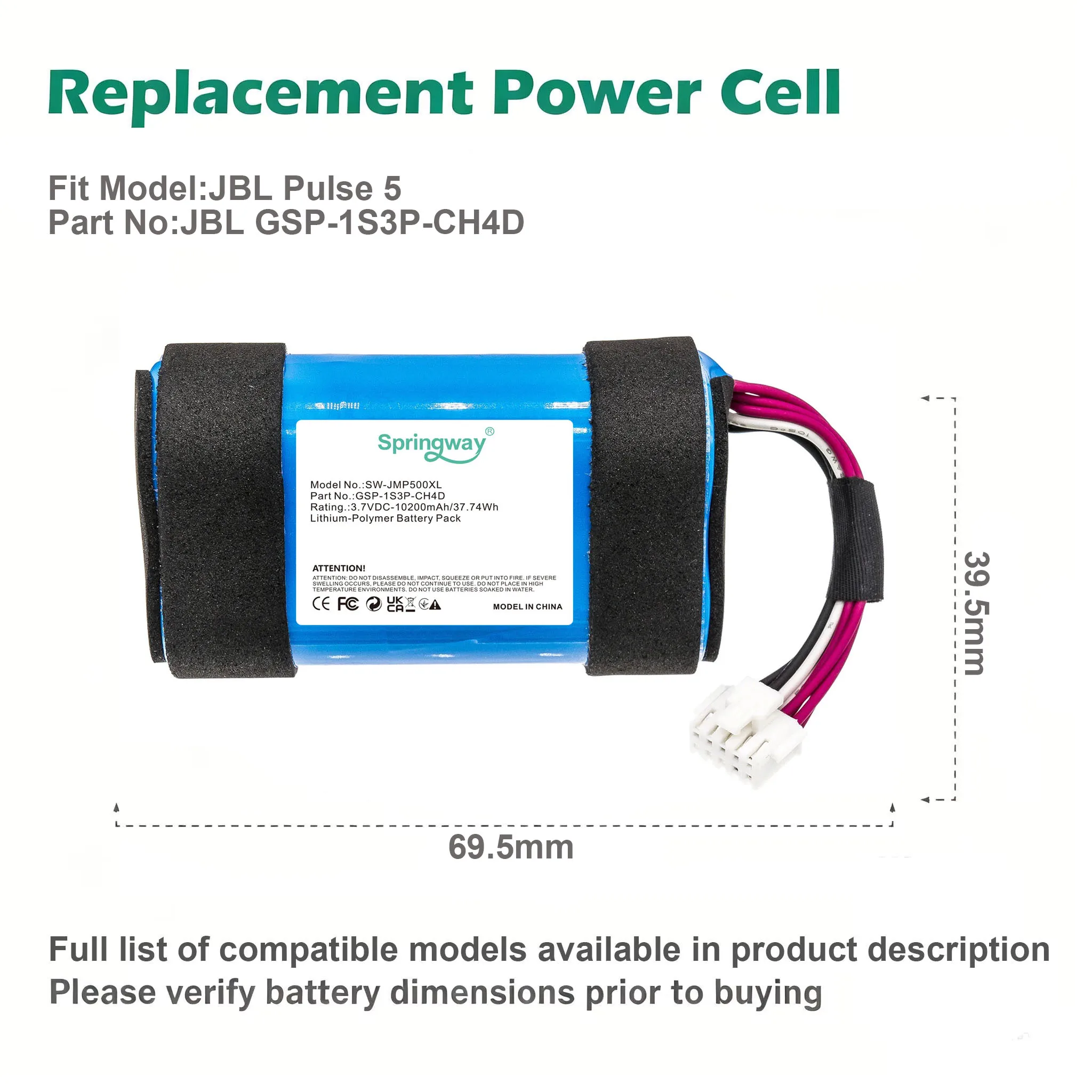 Springway 10200mAh Li-Polymer Battery GSP-1S3P-CH4D Replacement Power Pack for JBL Pulse 5 Portable Bluetooth Speaker
