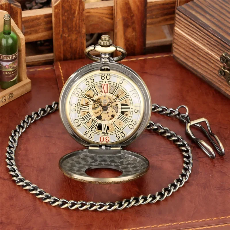 Bronze Carved Roman Number Case Men Women Handwinding Mechanical Pocket Watch Skeleton Timepiece with Pendant Chain Gift Clock