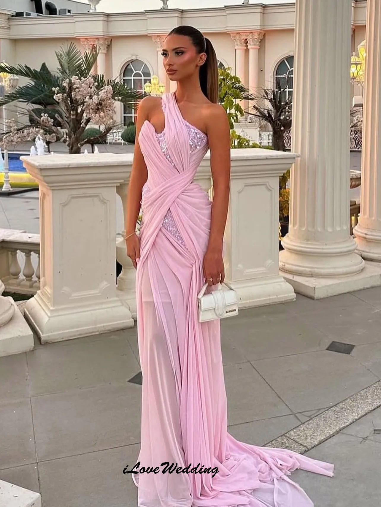 Vestidos de fiesta de gasa rosa personalizados con un hombro, vestido de fiesta de boda elegante plisado 2025 para mujer, vestidos formales brillantes para invitados