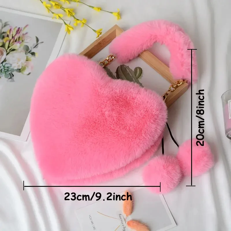 Luxury Faux Fur Heart-shaped Women Small Handbags Fluffy Plush Ladies Chain Shoulder Bag Fashion Female Furry Daily Clutch Purse