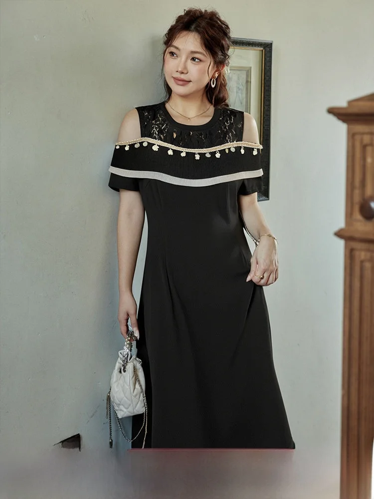 Abito da Damigella Taglie Forti per Donna, Nuovo Design Estivo, Linea A in Pizzo, Spalle Scoperte, Vita Alta, in Fibra di Poliestere, Lunghezza Midi...