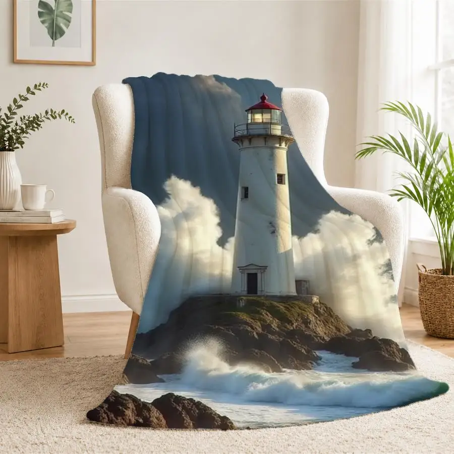 Stormy Lighthouse Coastal Flannel Throw Blanket-Soft & Warm Fleece with Dramatic Ocean Waves and Sunbeams, Ideal for Couch, Bed, Office & Travel, Perfect Gift for Friends & Family, Machine Washable 2D Flat Weighted Blanket 280GS, 2D Flat