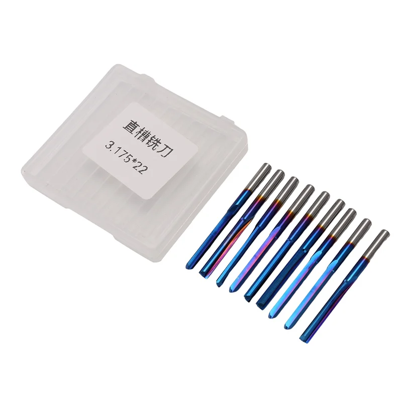 

AFOURT-10Pcs 3.175 Shank Blue Coated Straight End Mill 2 Flute Carbide Milling Cutter For Wood MDF Plastic CNC Engraving Bit