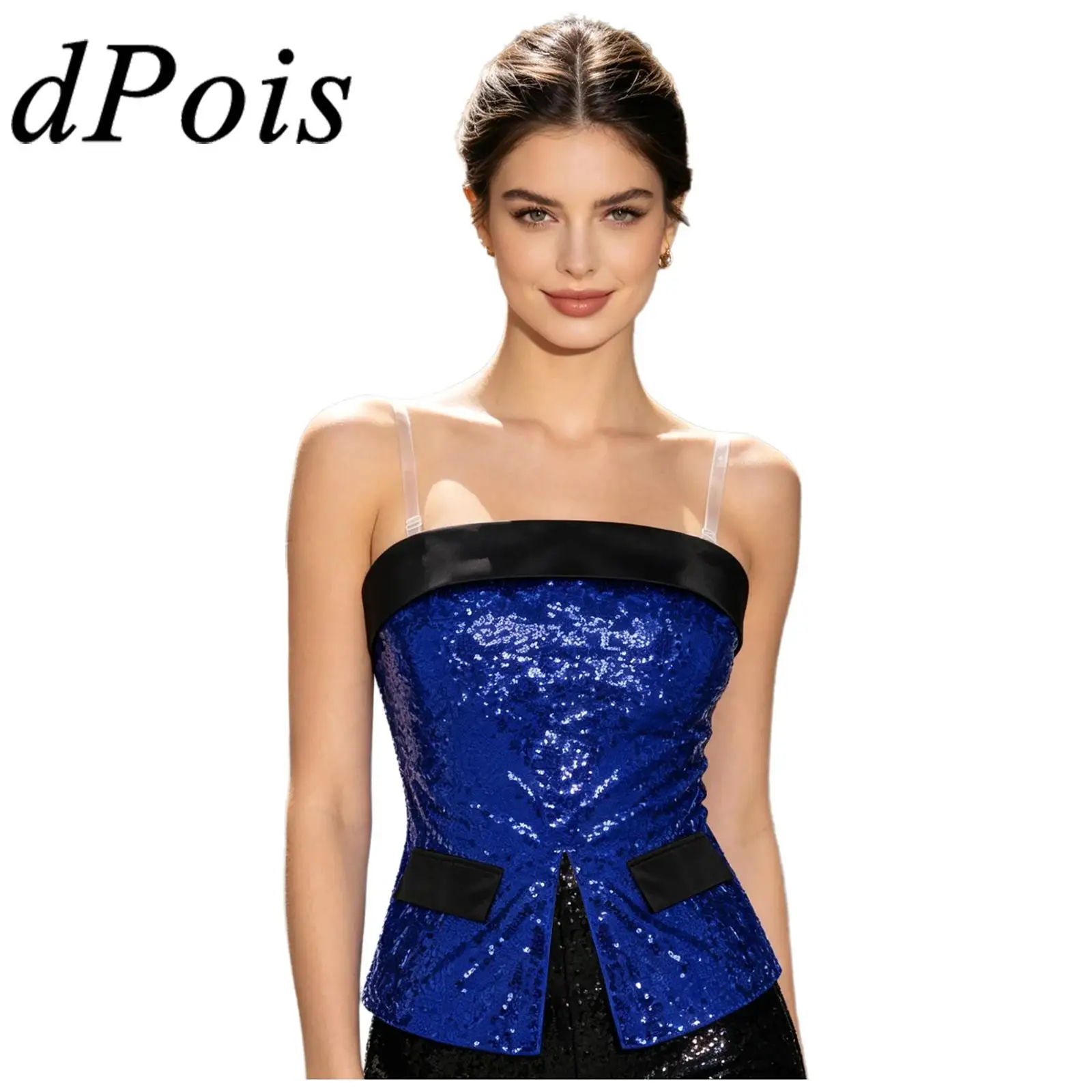 

Women Glitter Sequin Tank Top Disco Costume Nightclub Outfit Color Block Satin Trim Strapless Shiny Crop Top for Party Evenings