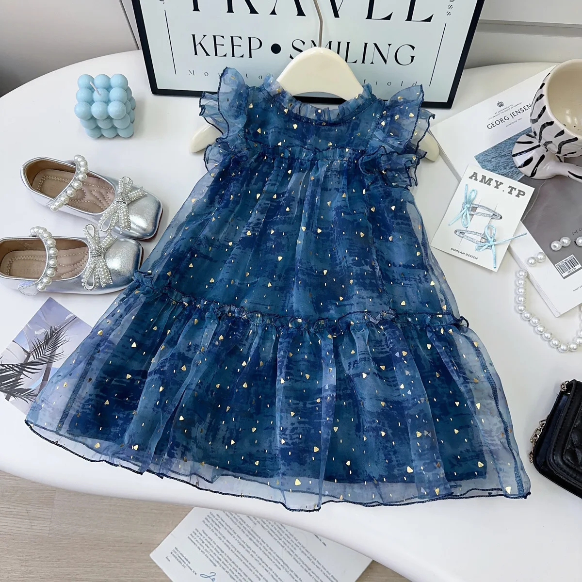 

Новое летнее синее платье с круглым вырезом, сетчатыми рукавами-крылышками, кружевом и пайетками для девочек, повседневное, для дня рождения, вечеринки, сценическое, в корейском стиле