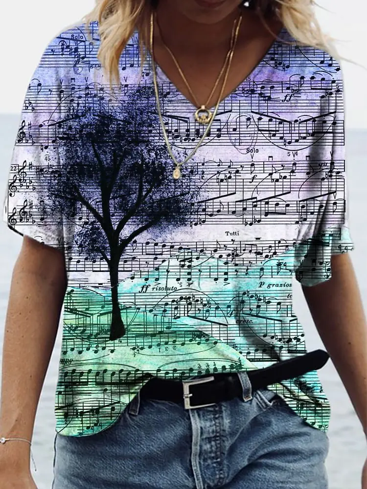 Summer Music Note Bird 3D Print T-shirts Women Casual Fashion Streetwear Short Sleeve V-Neck T Shirt Harajuku Tees Tops Clothing