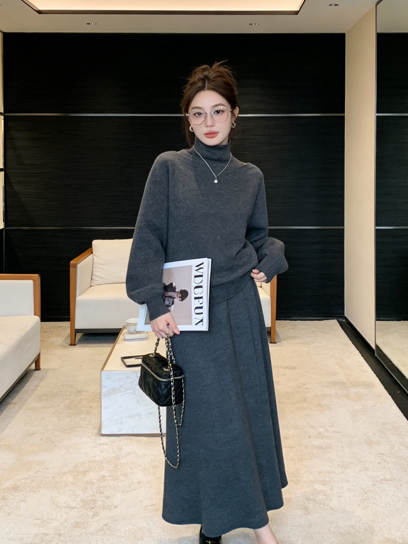 

Korean Retro Deep ey Knitted Set Women's Spring ular Tee-piece Set Draped Batwing Top Slim High Waist f Skirt