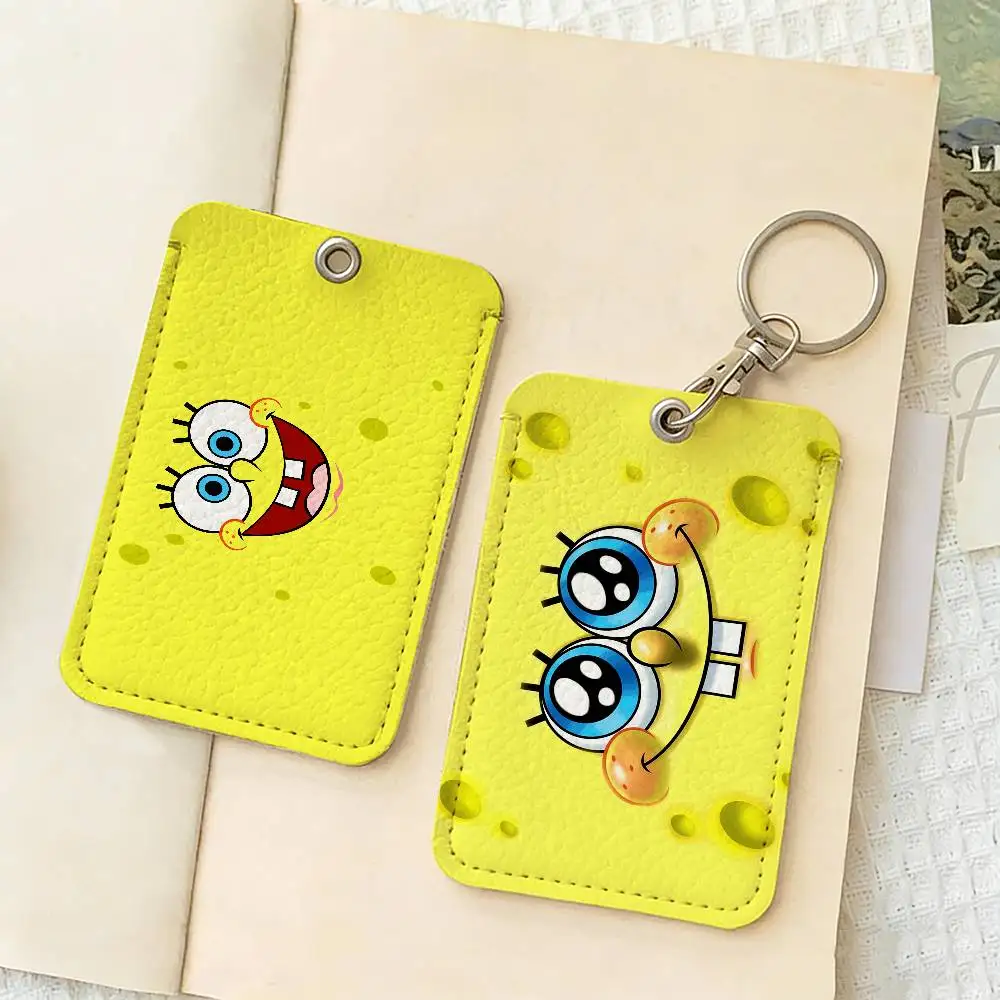 Cute S-Spongebobs Anime PU Soft Leather Rectangular Key Card Holder Induction Elevator Protection Cover Youth Faion Accory