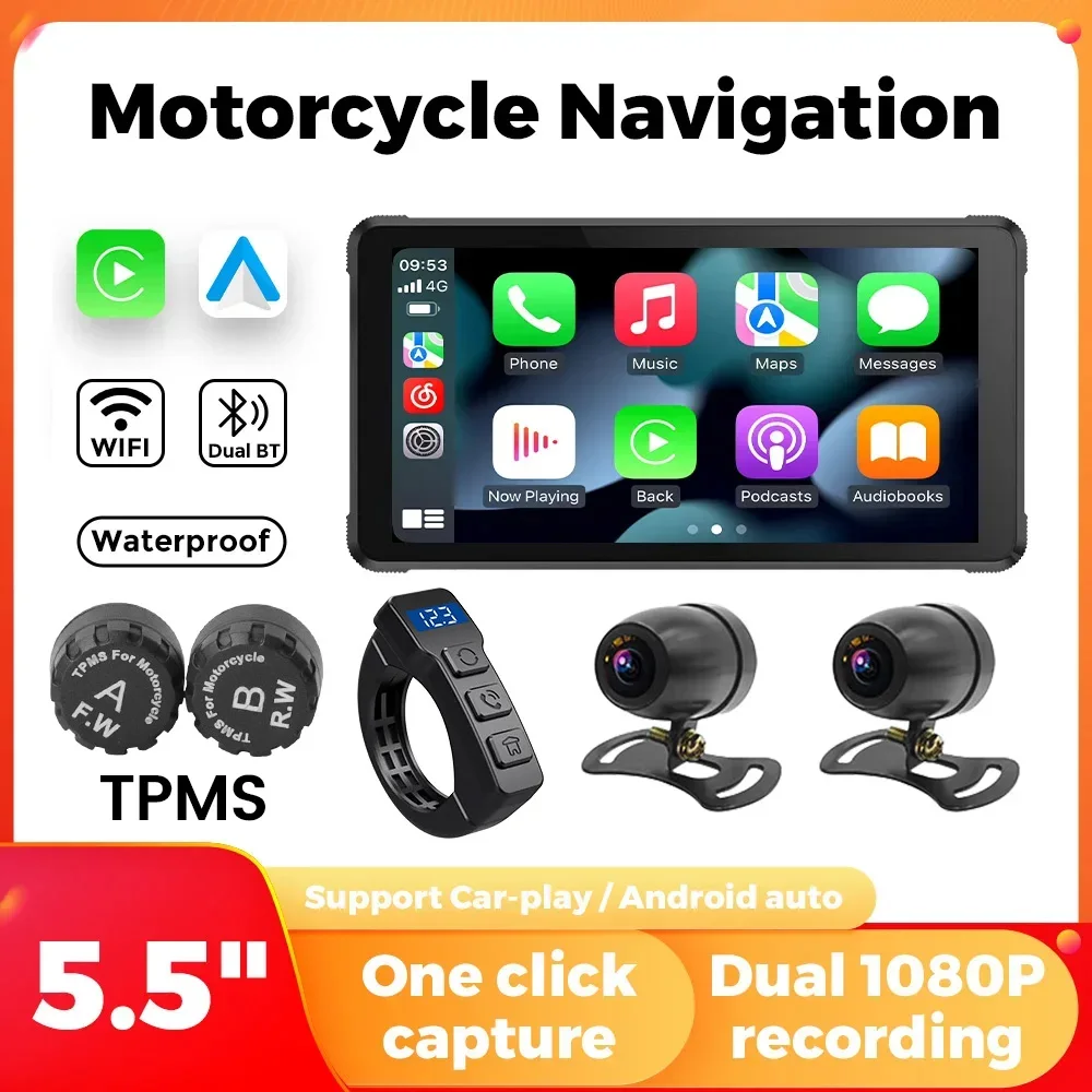 Wireless for Carplay Android Auto Portable Motorcycle Monitor IPX7 Waterproof Moto 5.5inch LCD Display Navigation Dash Cam GPS