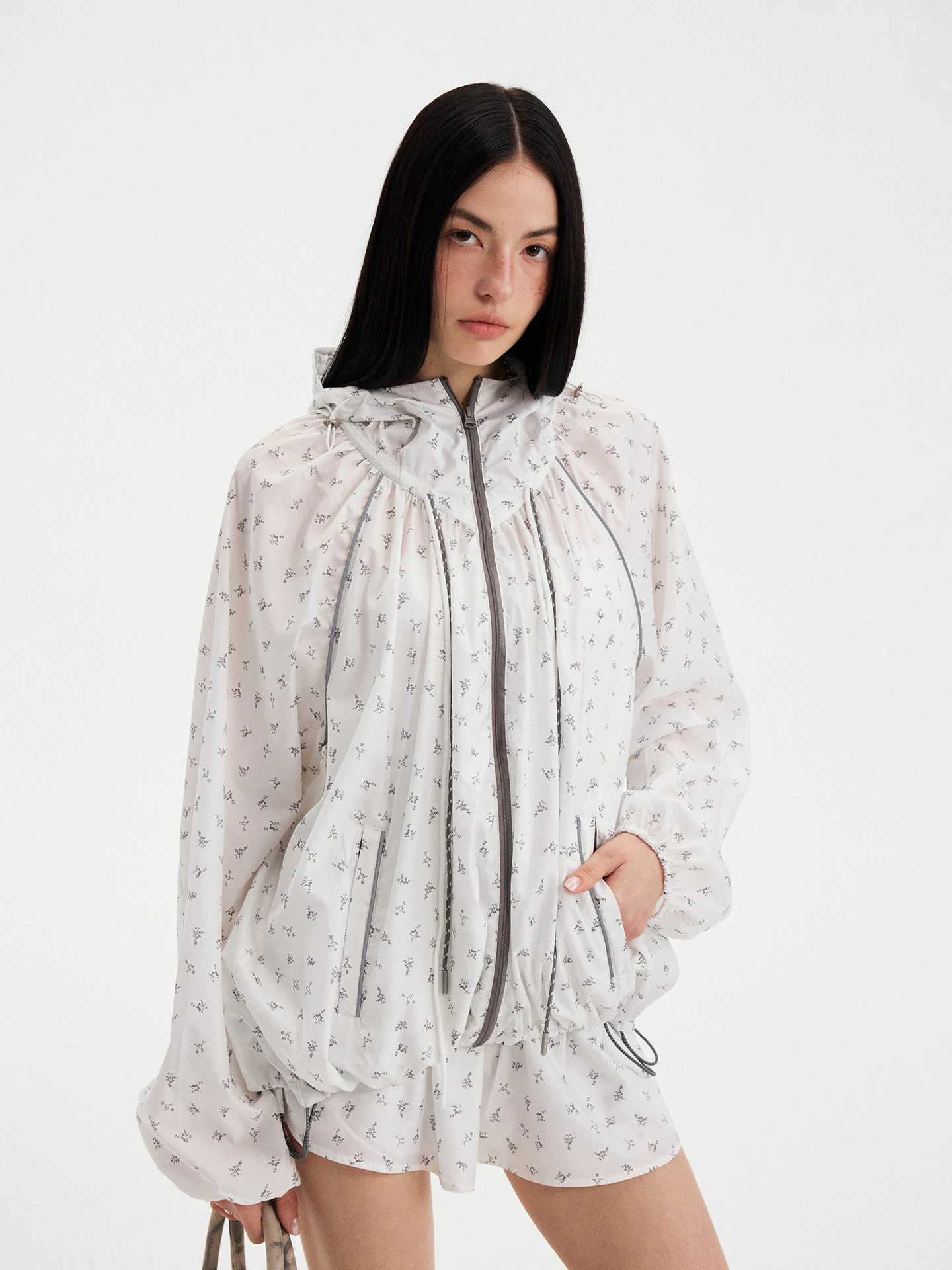 DIDDI MODA Floral Print Color Block Drawstring Casual Women's Summer Sun Protection Suit Loose Fit Long Sleeve Two-Piece Set
