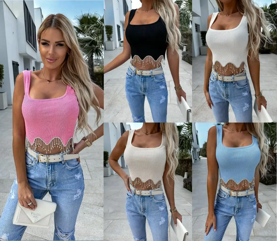 

2023 New Fashion Women Summer Slim Fit Sexy Knitted Vest Versatile Diamond Tassel Strap Elegant Office Lady Tank Tops