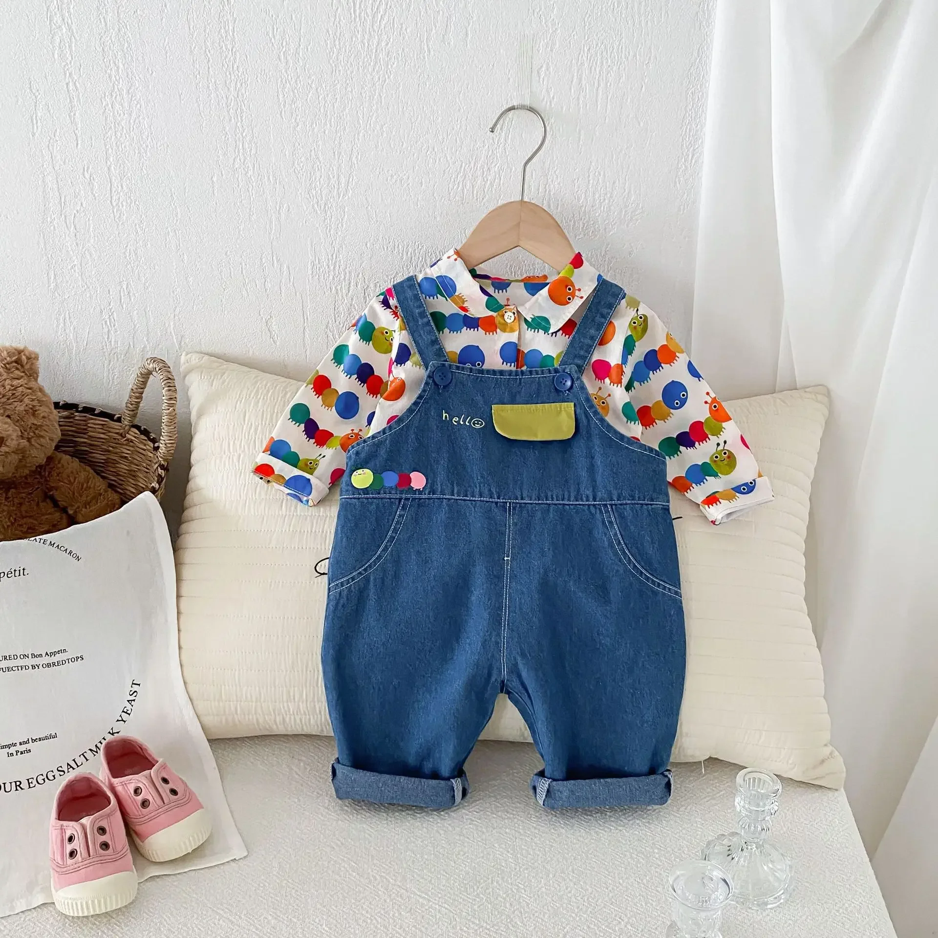 

Children's fashion overalls sets 0-5 years old autumn girls simple jeans boys foreign style polka dot shirt