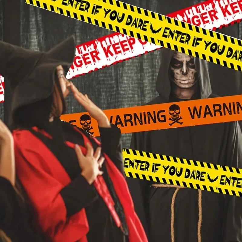 Yellow Red Danger Tape Halloween Barricade Caution Line Bold Lettering for Horror Party Haunted House Decor Supplies