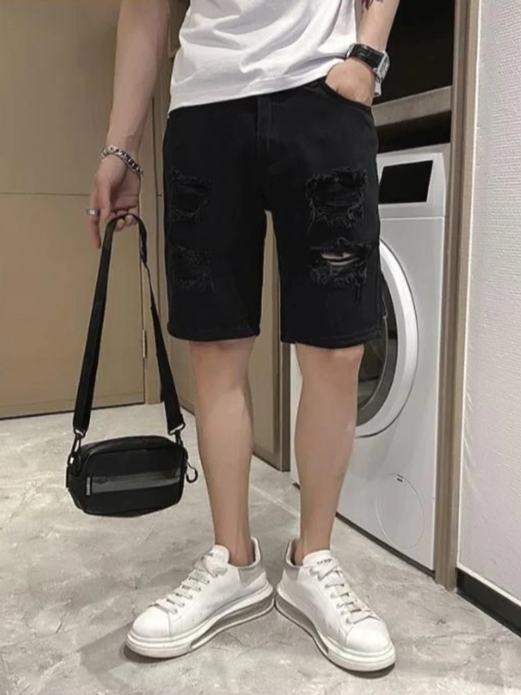 2026 New Men's Ripped Denim Shorts 5 Inch Inseam Lightweight Stretch Washed White Distressed Summer Casual Shorts