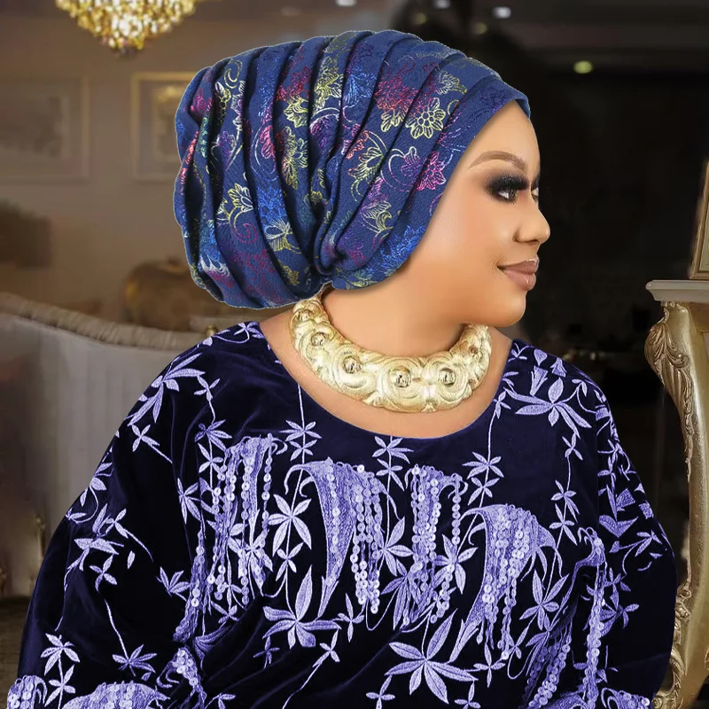 

Full Body Pleated Turban Cap for Women Bronzing Fabric Head Wraps Bonnet Muslim Cap African Nigeria Female Headgear