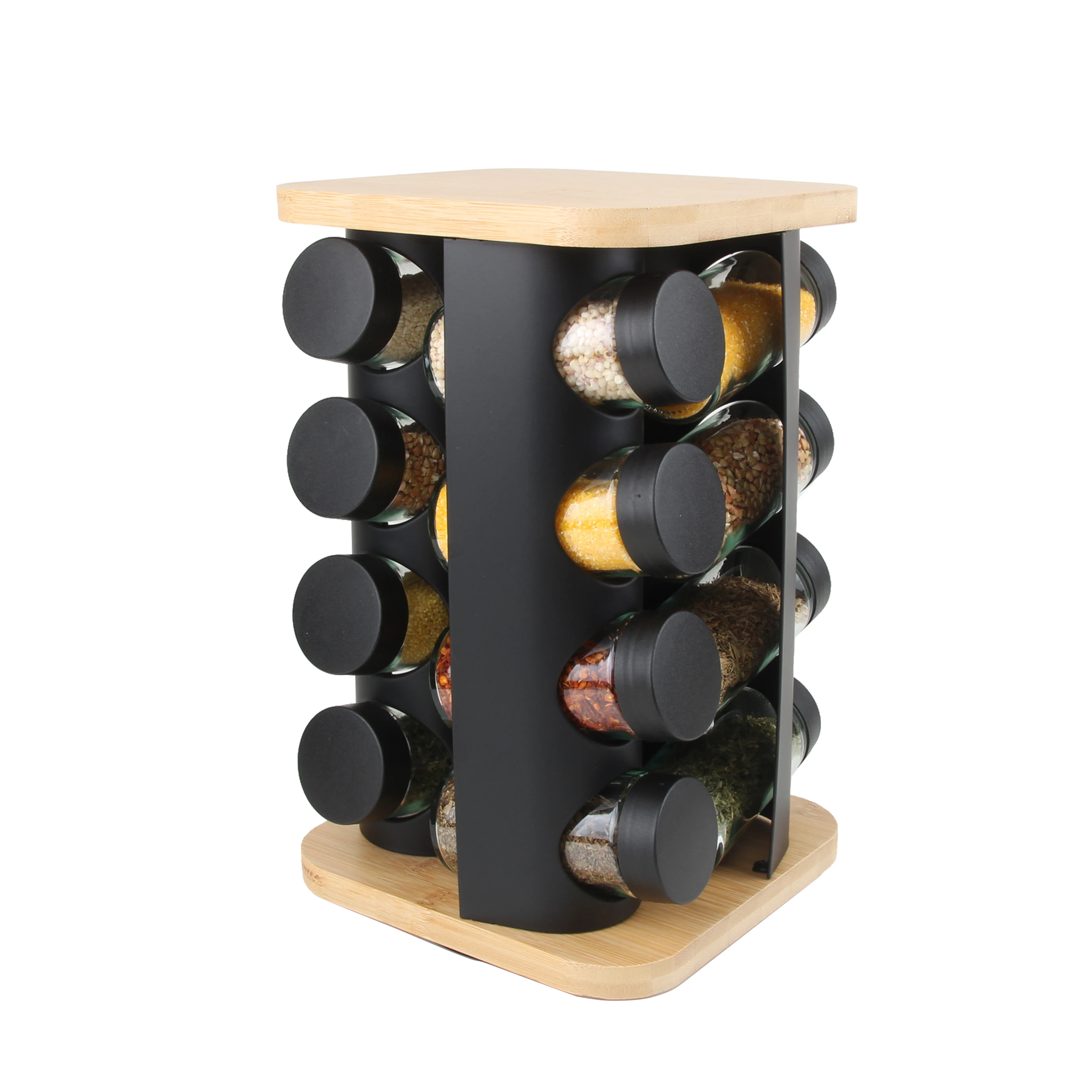 New Design Bamboo Revolving Square Spice Rack Organizer Kitchen Storage Bottles and Jars