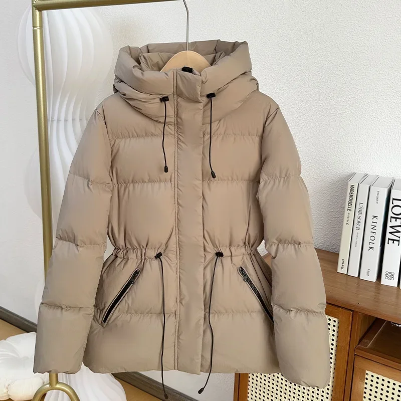 Down Jacket Women White Duck Down Waistband Hooed Thickened Mid-Length Coats Fashionable Warm Jacket for Winter 2023 Loose Tops