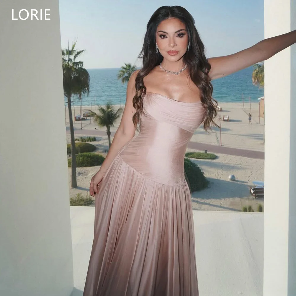 LORIE Urocze Sukienki Wieczorowe Bez Ramiączek Plisowane Sukienki na Przyjęcia Trapezowe Sukienki Balowe z Drapowaniem do Ziemi Szyte na Miarę