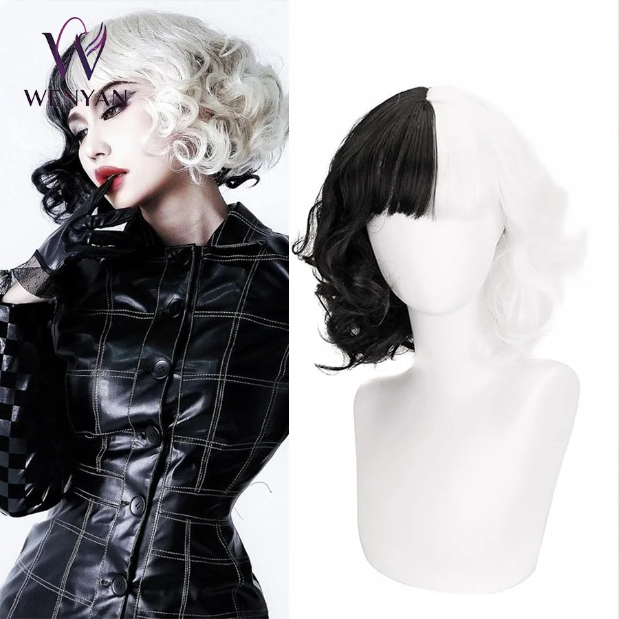 

12 Inch Half Black White Short Curly Wig Cosplay Synthetic Wig Women Halloween Party Costume Wig