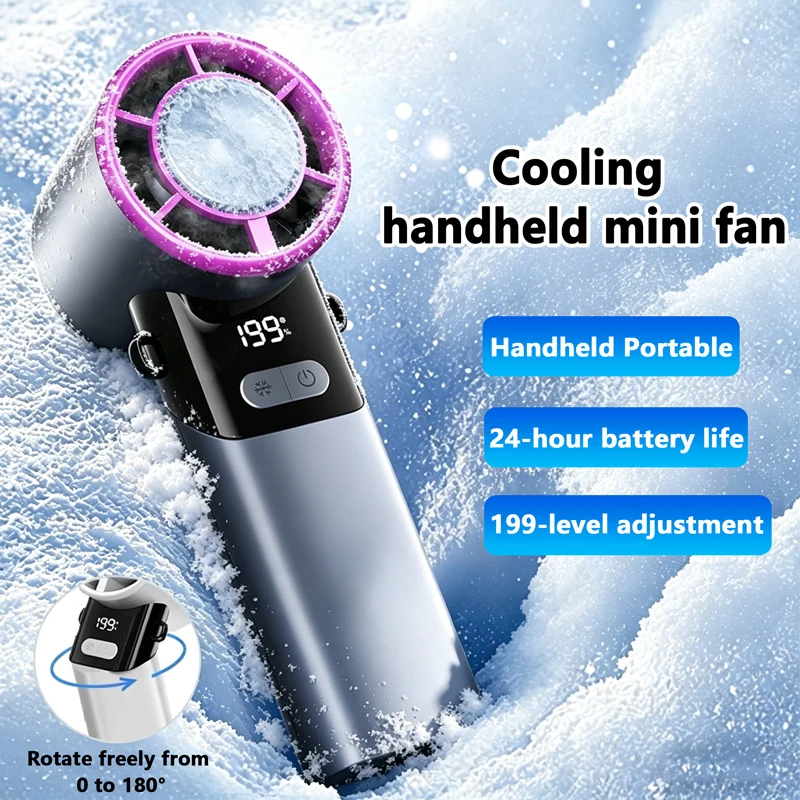 

Portable Handheld Turbo Fan with Ice Cooler 1-199 Speed Rechargeable Foldable Pocket Hand Fan Digital Display for Travel Outdoor