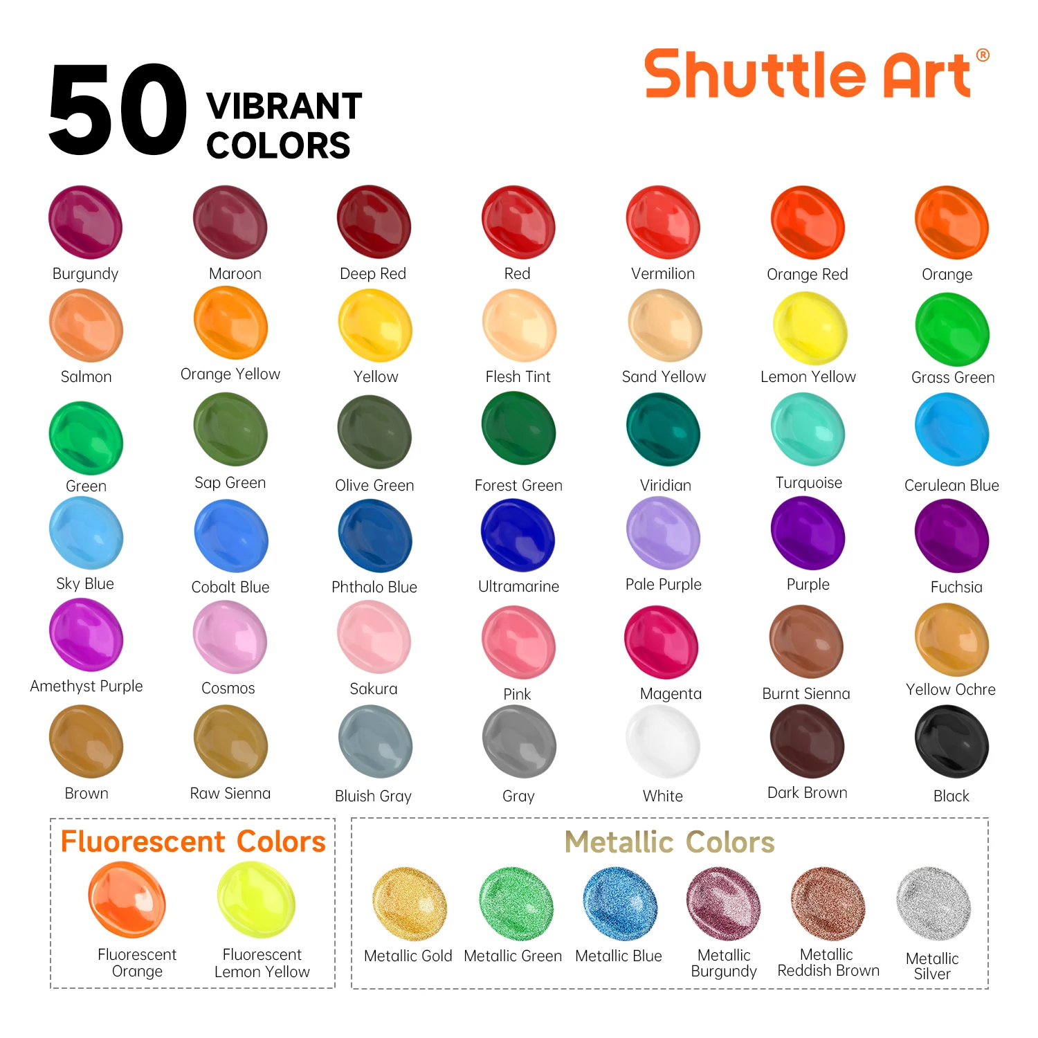 Shuttle Art Acrylic Paint, 50 Colors Acrylic Paint Set, 2oz/60ml Bottles, Rich Pigments, Water Proof, Premium Acrylic Paints for Artists, Beginners and Kids on Canvas Rocks Wood Ceramic Fabric